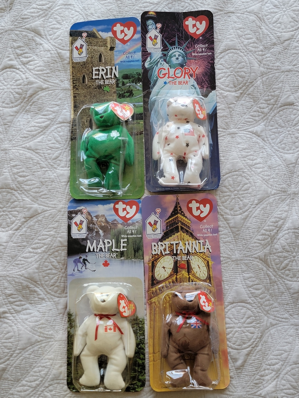 Vintage McDonald's TY Beanie Bears Complete Set Of 4 with Discrepancies
